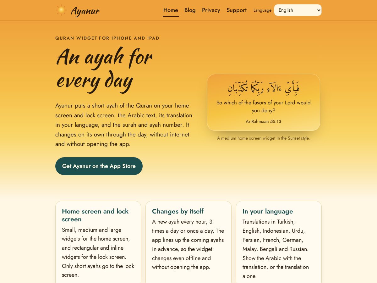 Landing-page snapshot of ayanurwidget.app