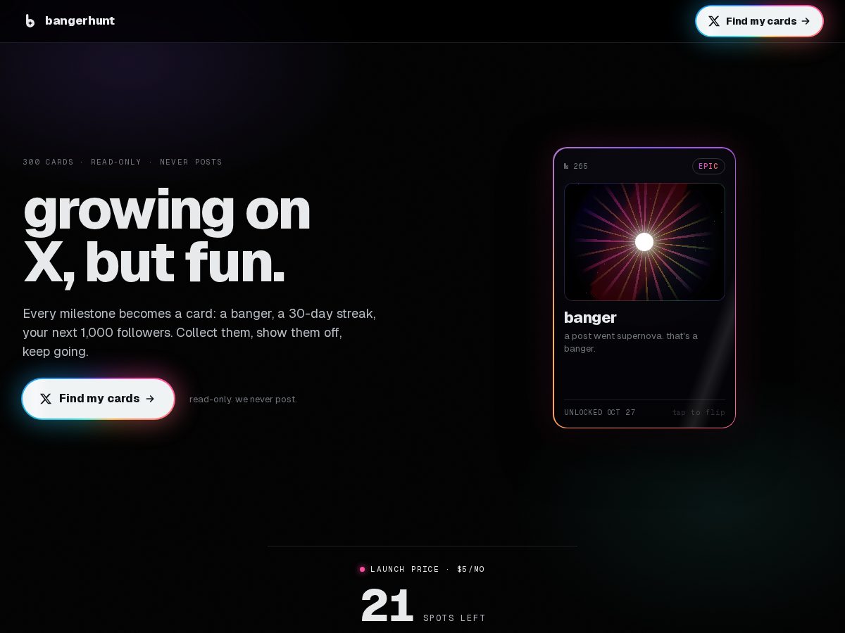 Landing-page snapshot of bangerhunt.app