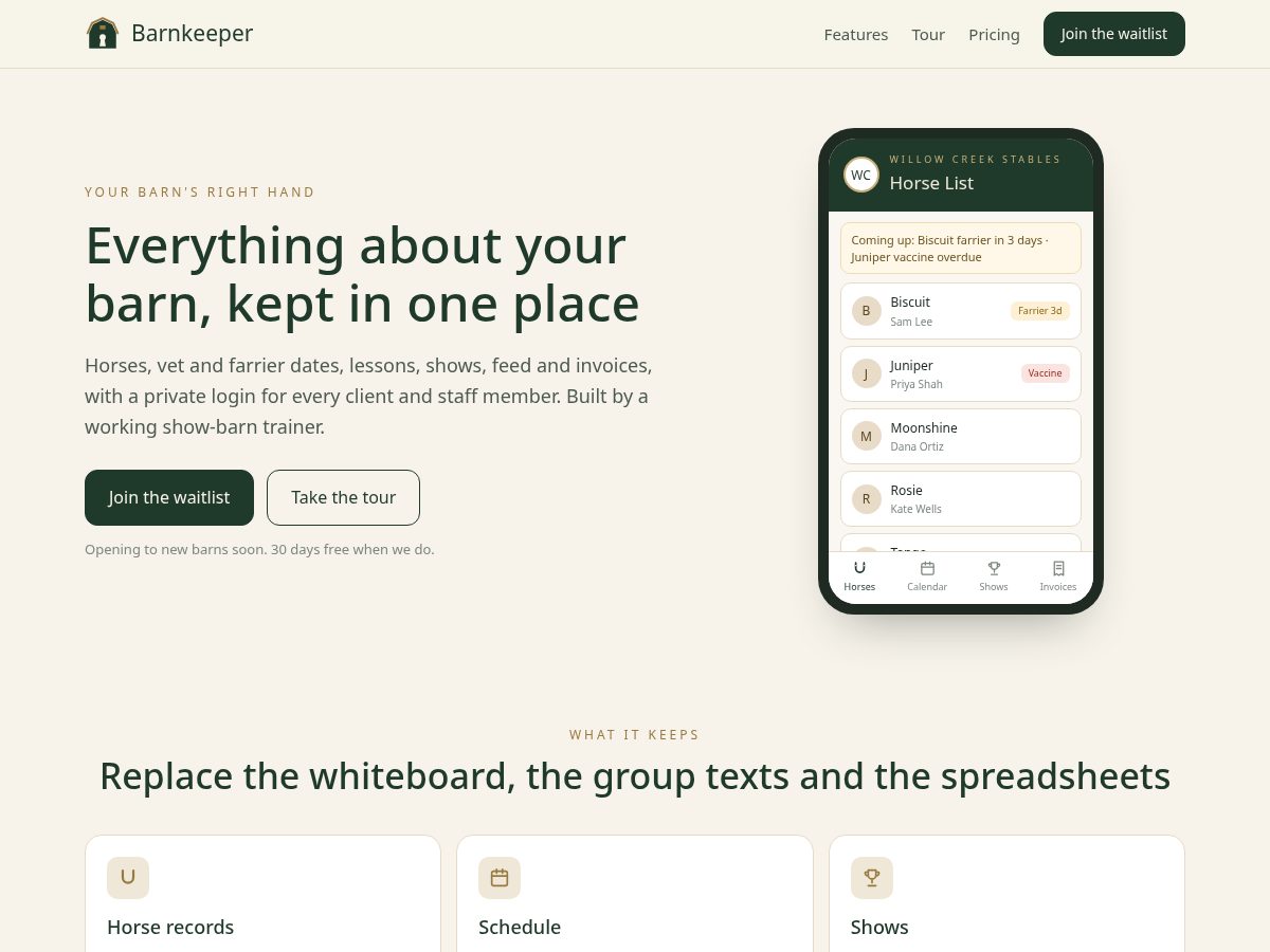 Landing-page snapshot of barnkeeper.app