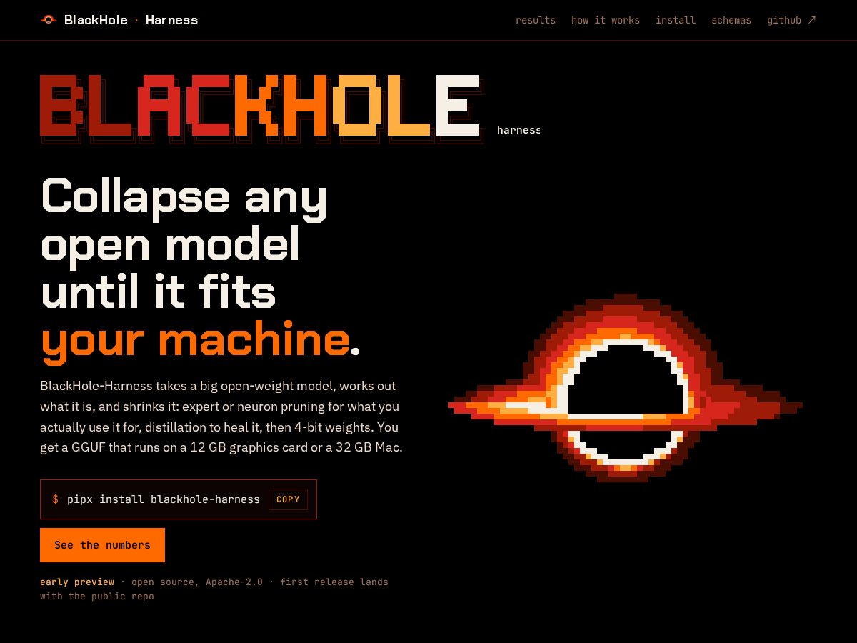 Landing-page snapshot of blackholeharness.dev