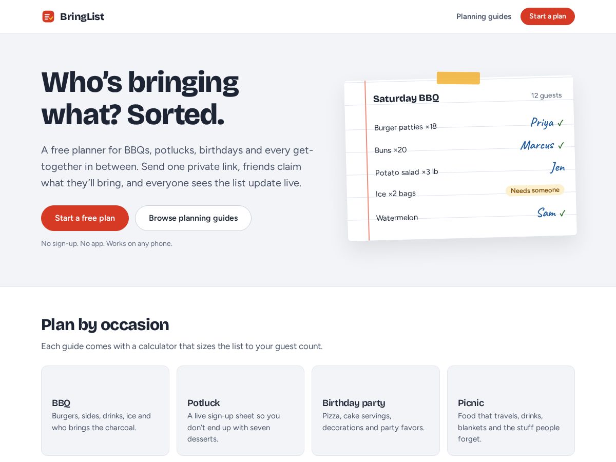 Landing-page snapshot of bringlist.dev