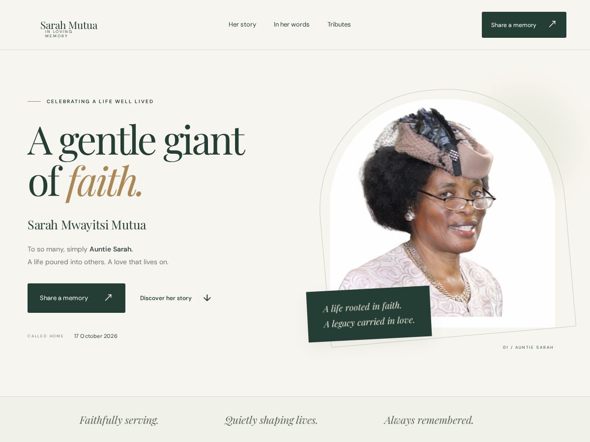 Landing-page snapshot of celebratingthelifeofsarahmutua.org