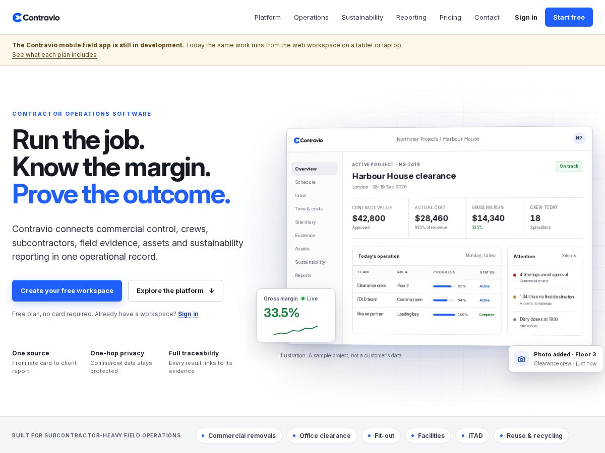 Landing-page snapshot of contravio.app