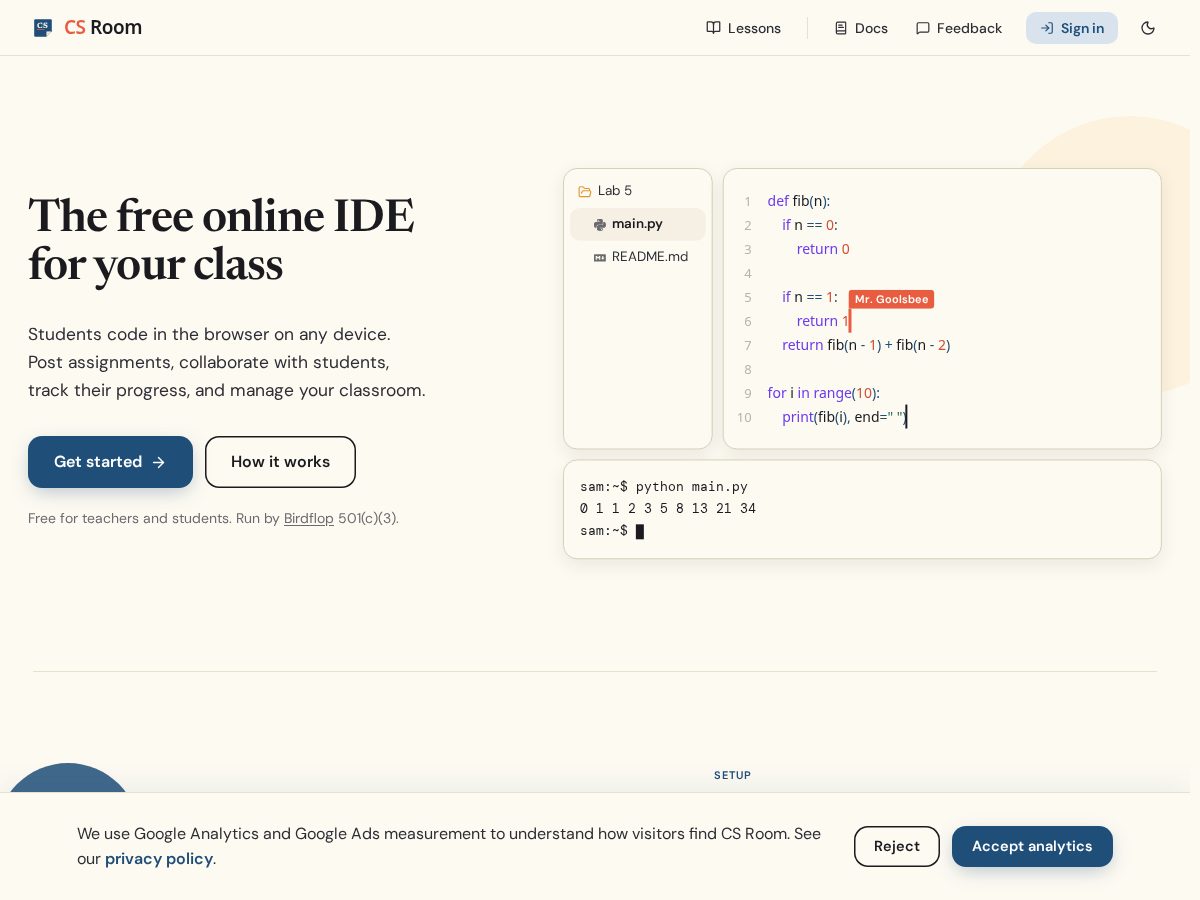 Landing-page snapshot of csroom.app