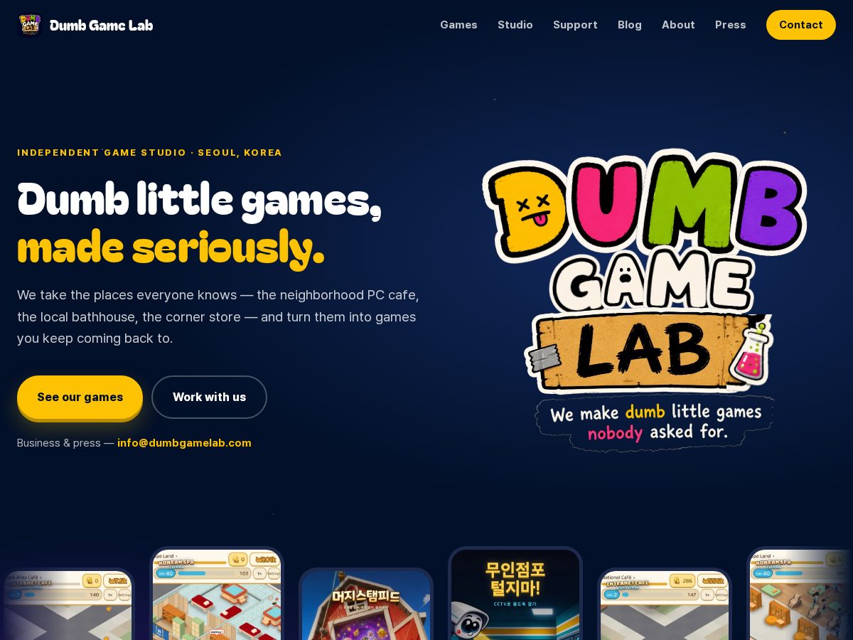 Landing-page snapshot of dumbgamelab.net