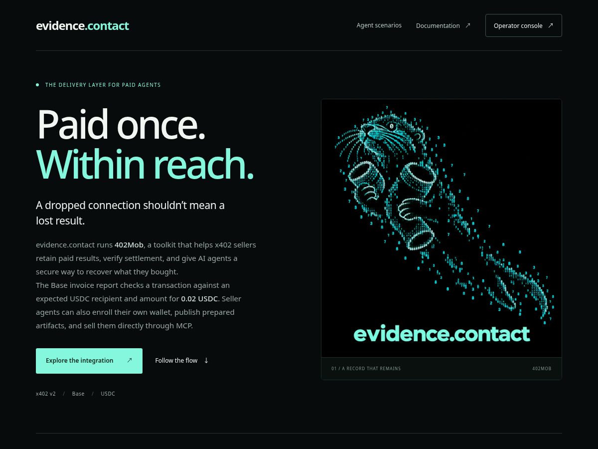 Landing-page snapshot of evidence.contact
