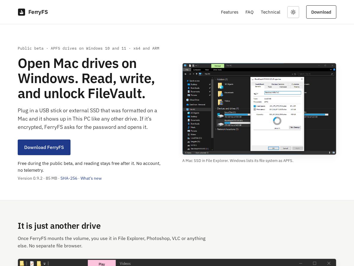 Landing-page snapshot of ferryfs.app