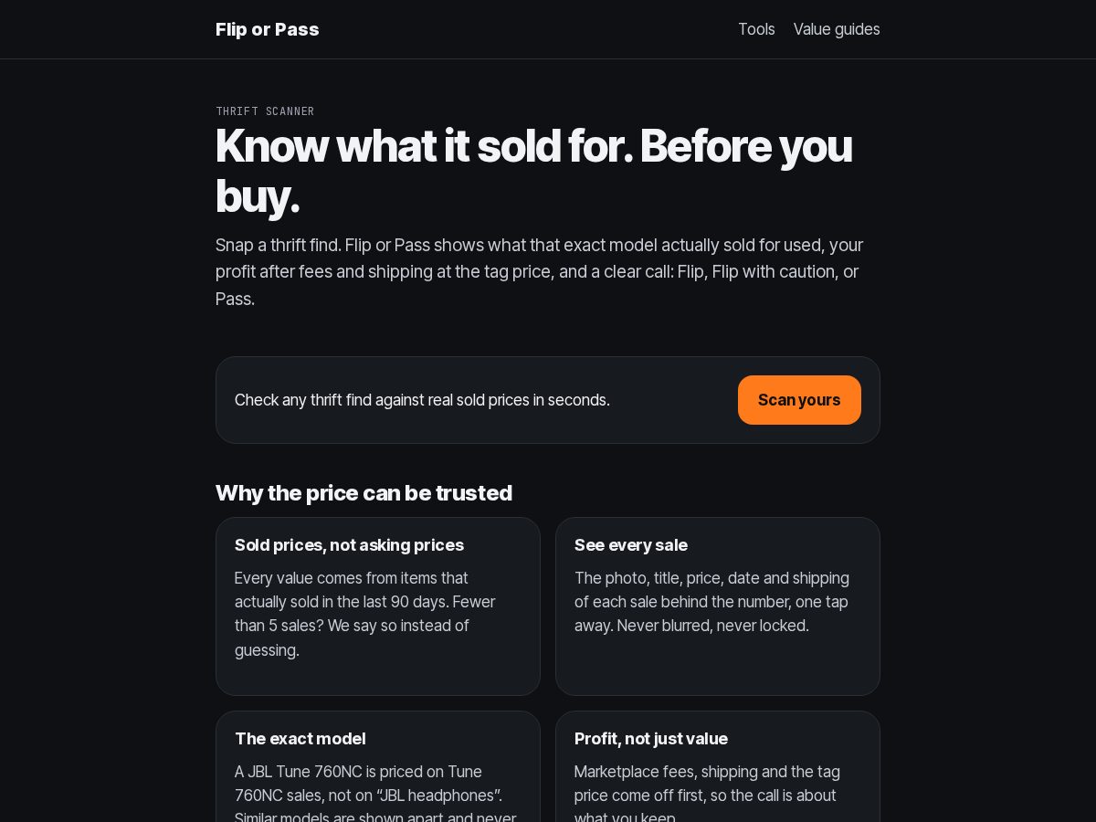 Landing-page snapshot of fliporpass.app