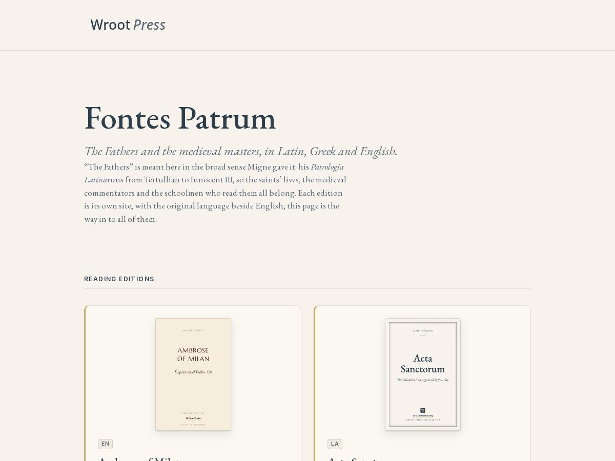 Landing-page snapshot of fontespatrum.org