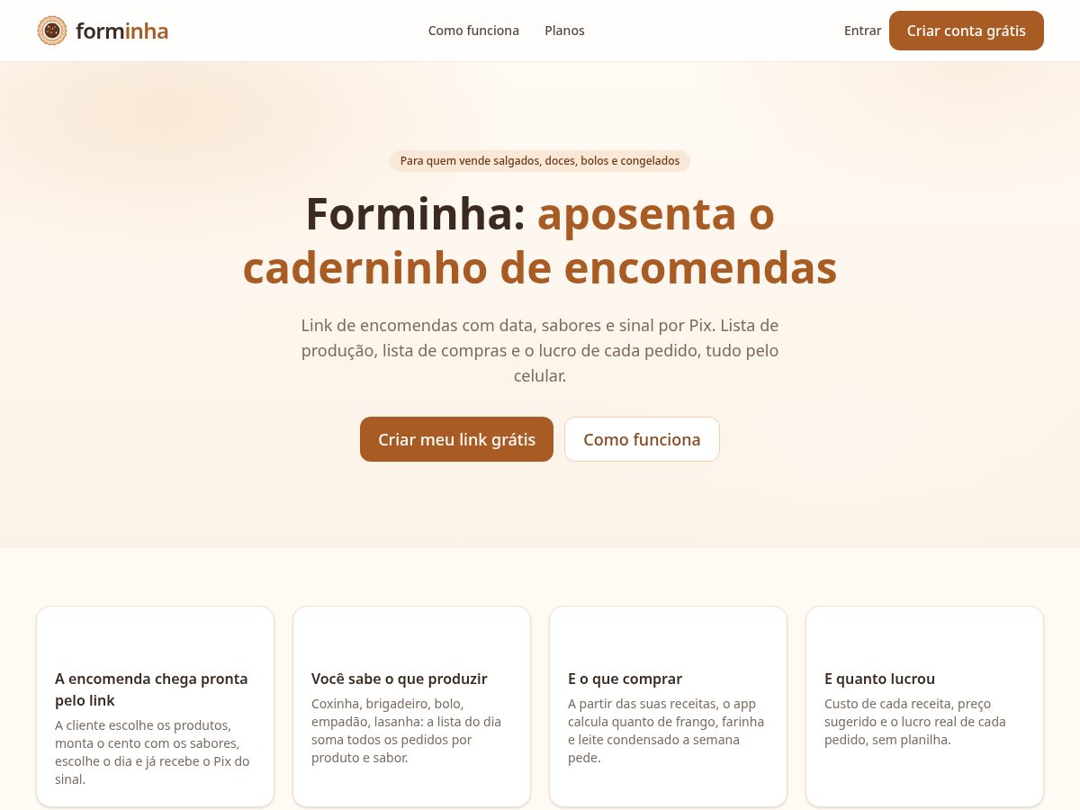 Landing-page snapshot of forminha.shop