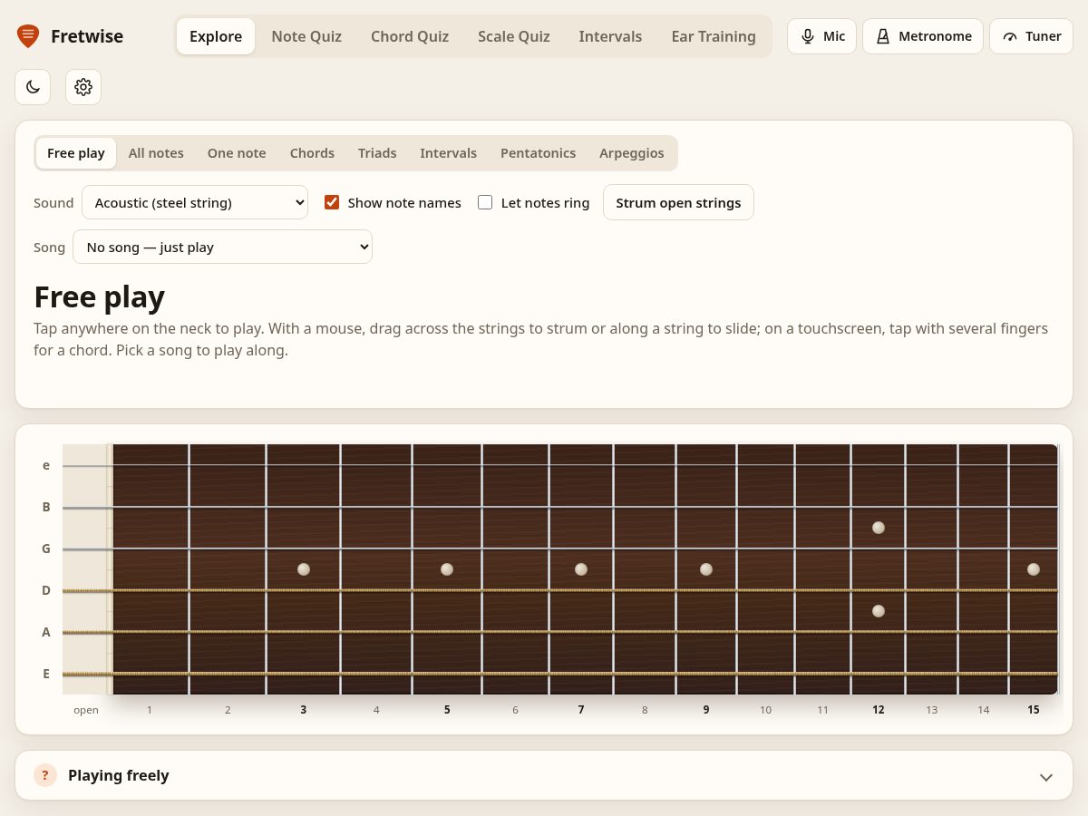 Landing-page snapshot of fretwise.dev