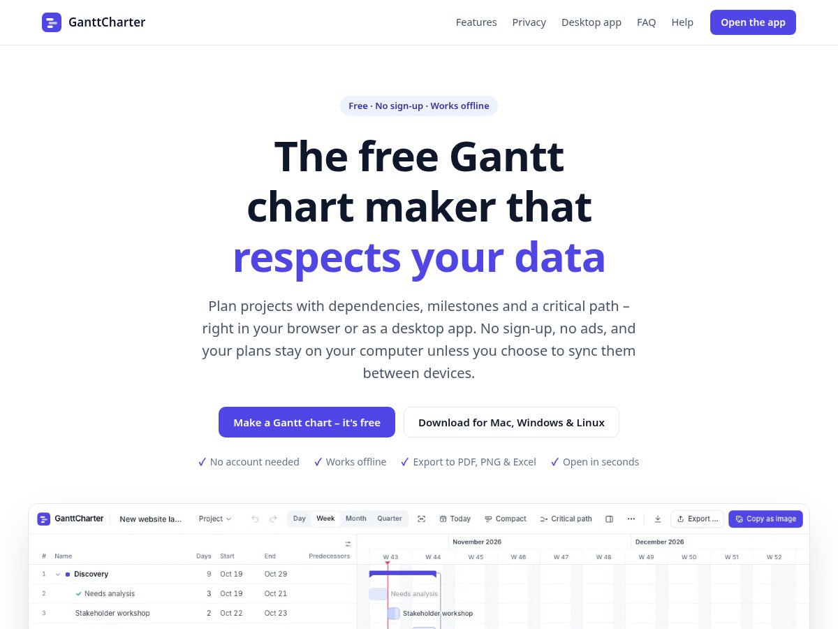 Landing-page snapshot of ganttcharter.app