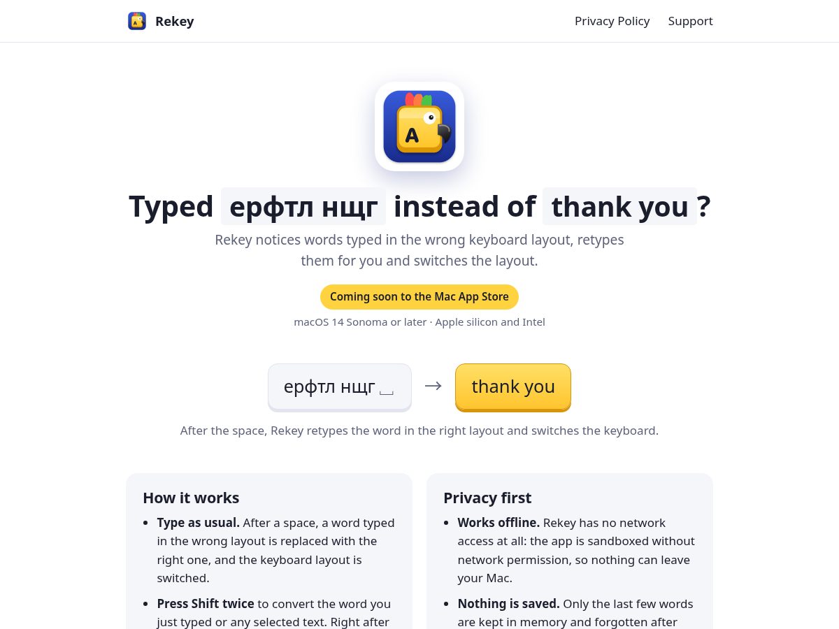 Landing-page snapshot of getrekey.app