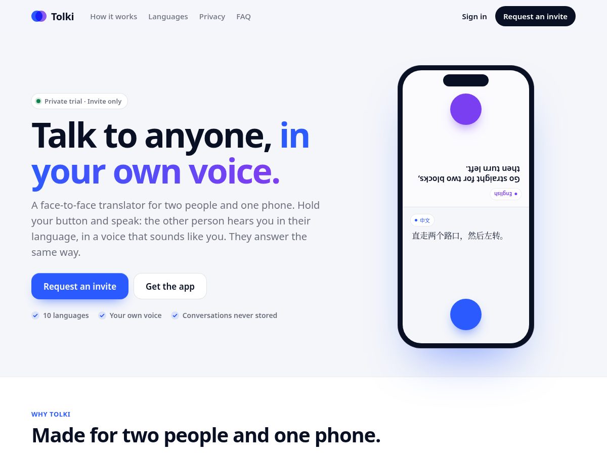 Landing-page snapshot of gettolki.app