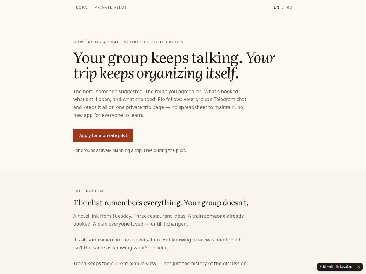Landing-page snapshot of gotropa.app