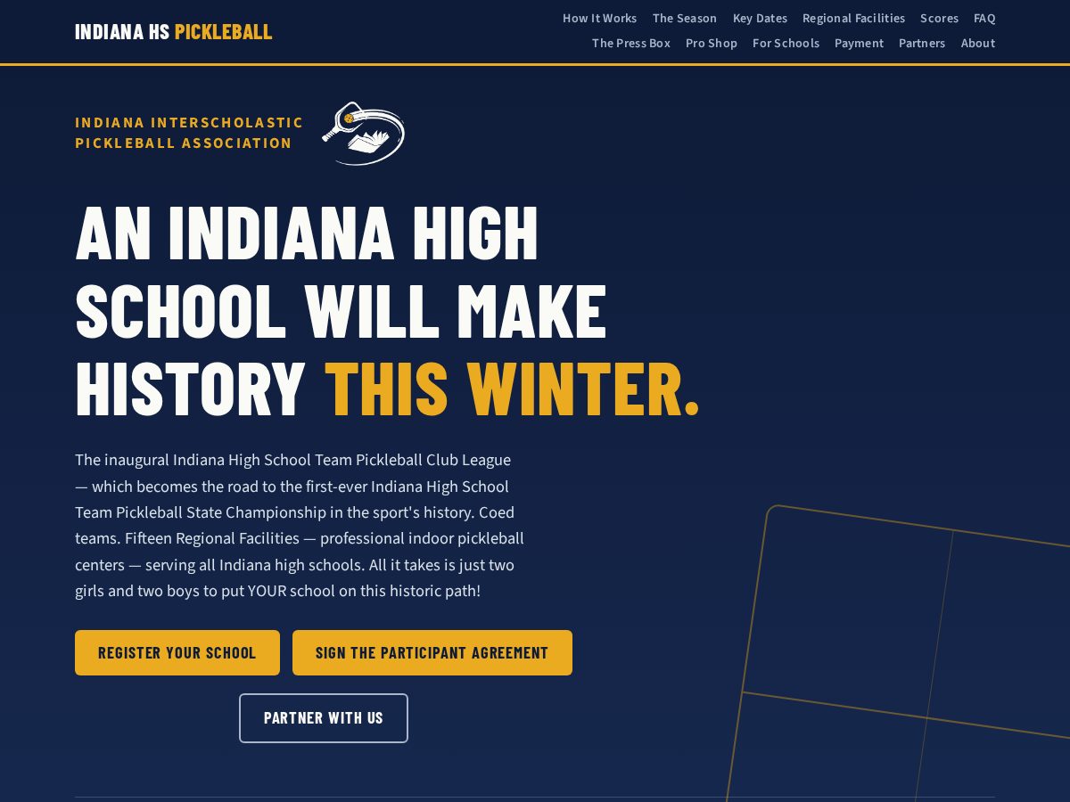 Landing-page snapshot of indianahighschoolpickleball.org