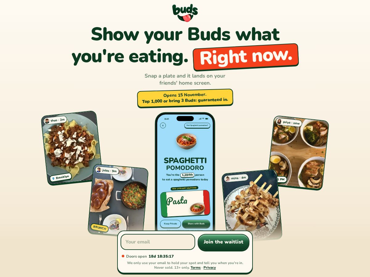 Landing-page snapshot of jointastebuds.app