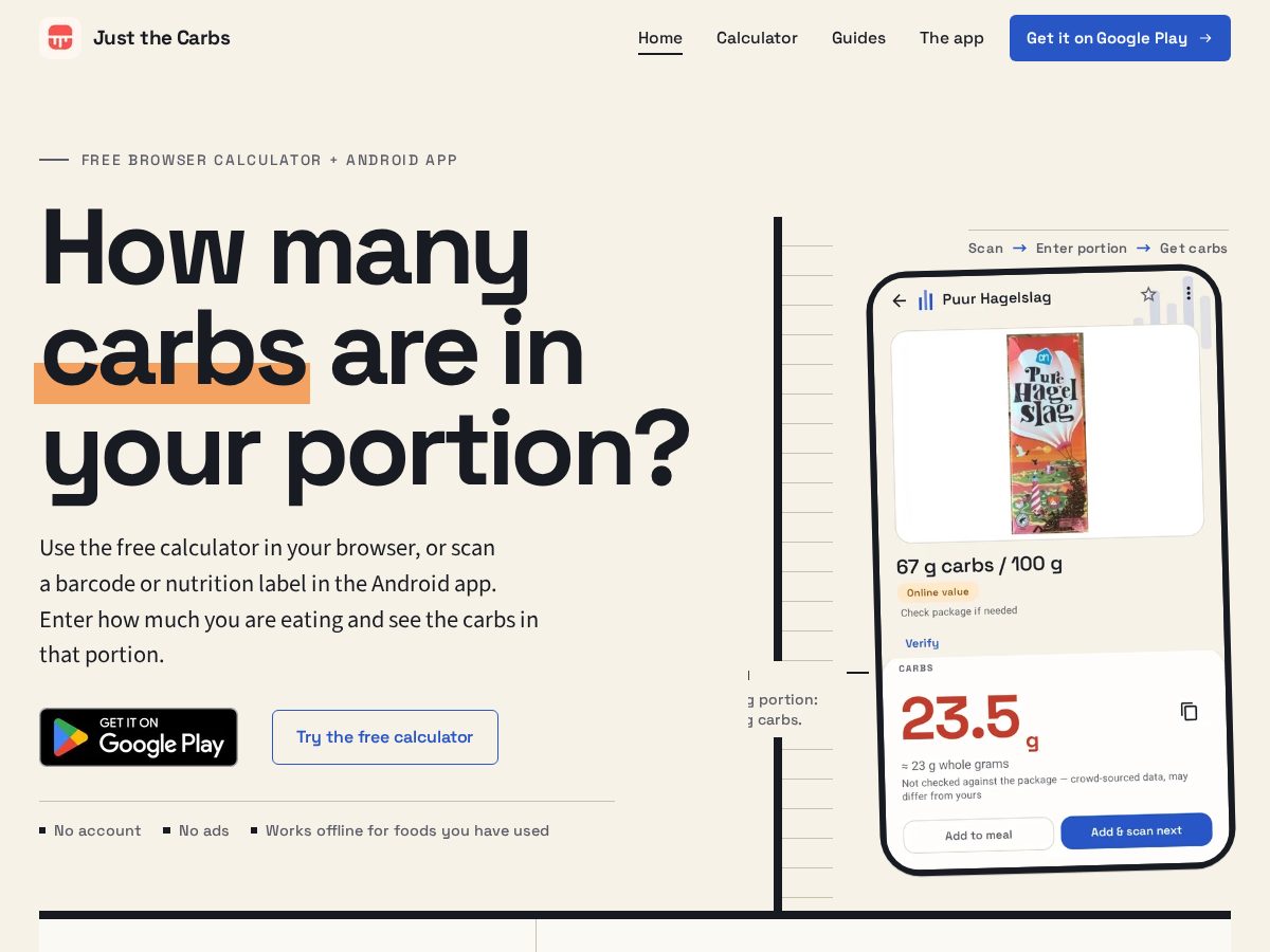 Landing-page snapshot of justthecarbs.app