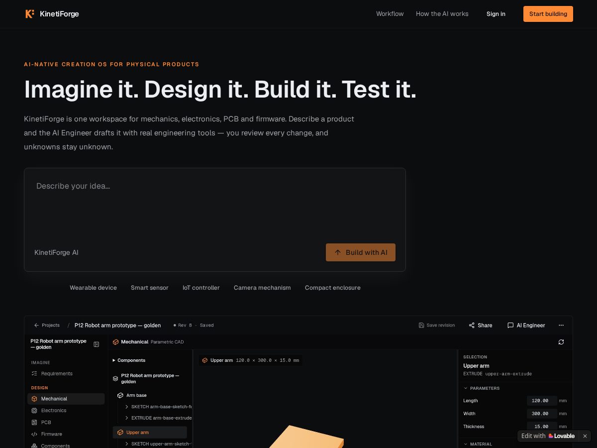 Landing-page snapshot of kinetiforge.dev