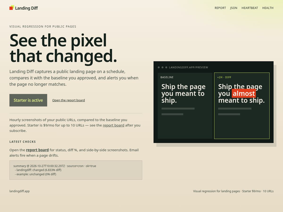 Landing-page snapshot of landingdiff.app