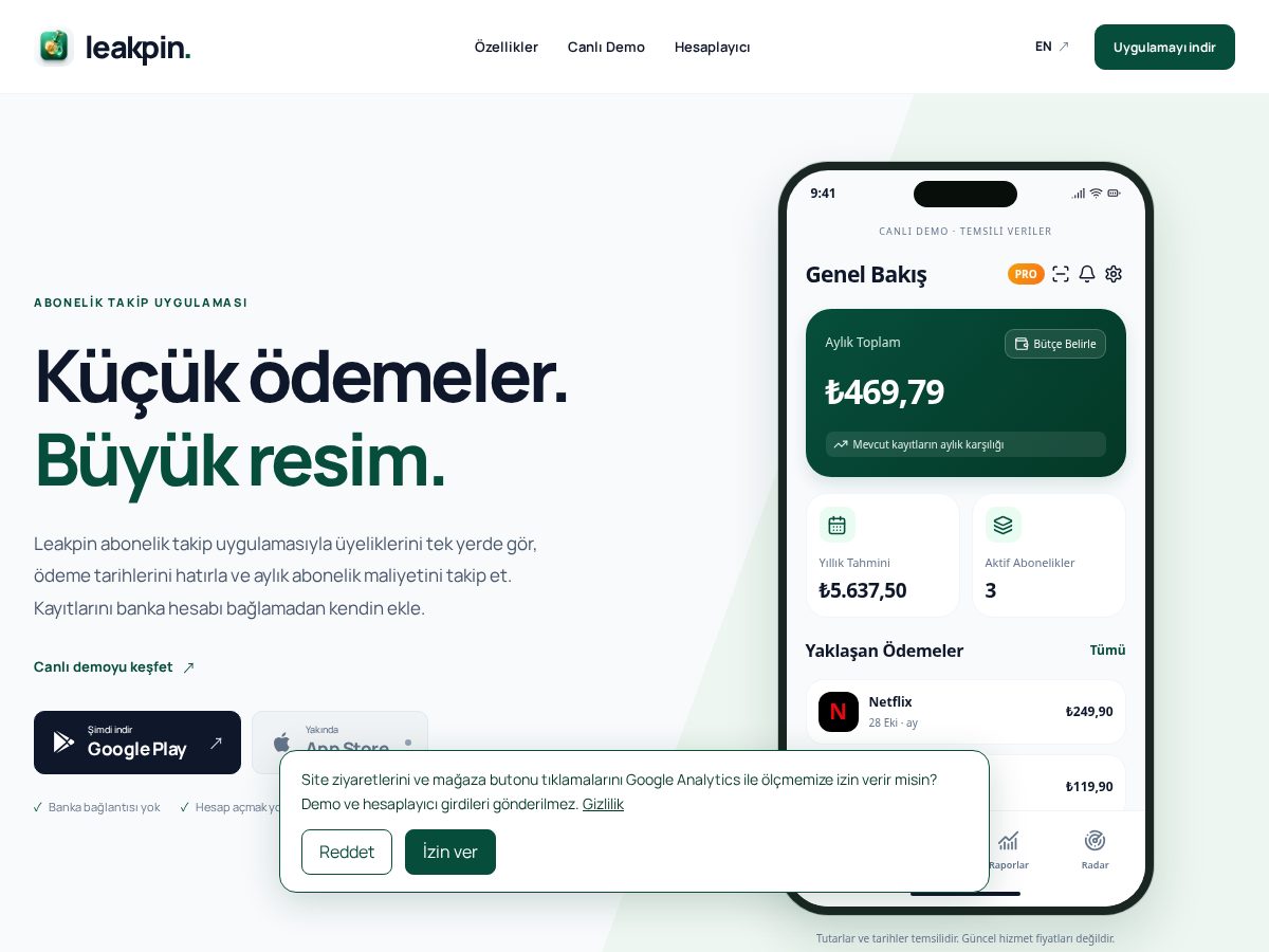 Landing-page snapshot of leakpin.app