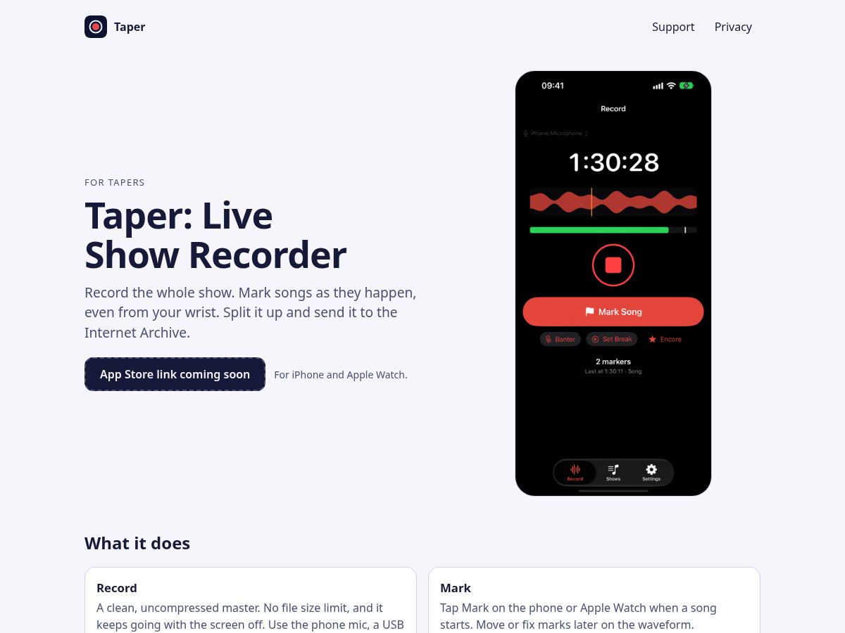 Landing-page snapshot of livetaper.app