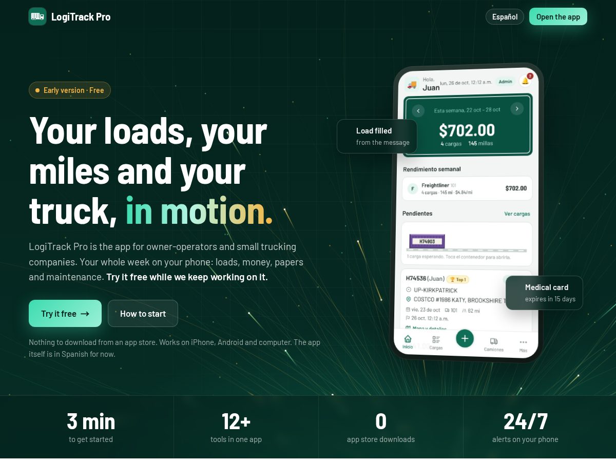 Landing-page snapshot of logitrackpro.app