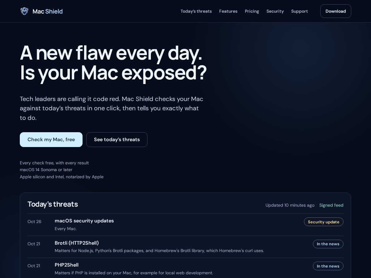 Landing-page snapshot of macshield.app