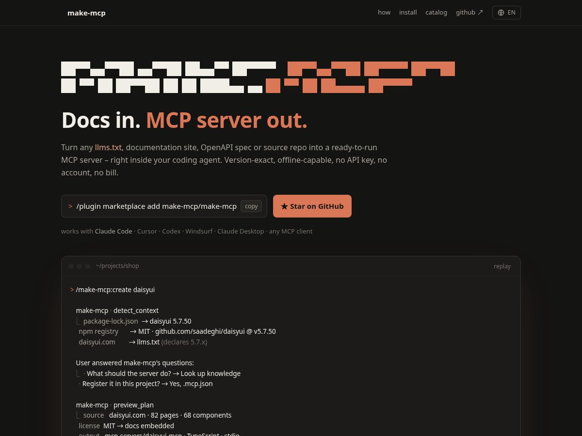 Landing-page snapshot of make-mcp.net