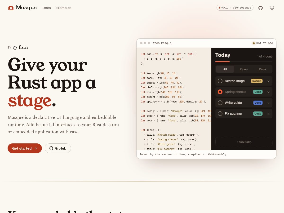 Landing-page snapshot of masquelang.dev