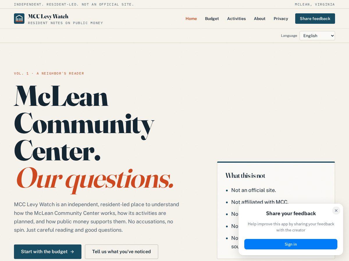 Landing-page snapshot of mcclevywatch.org
