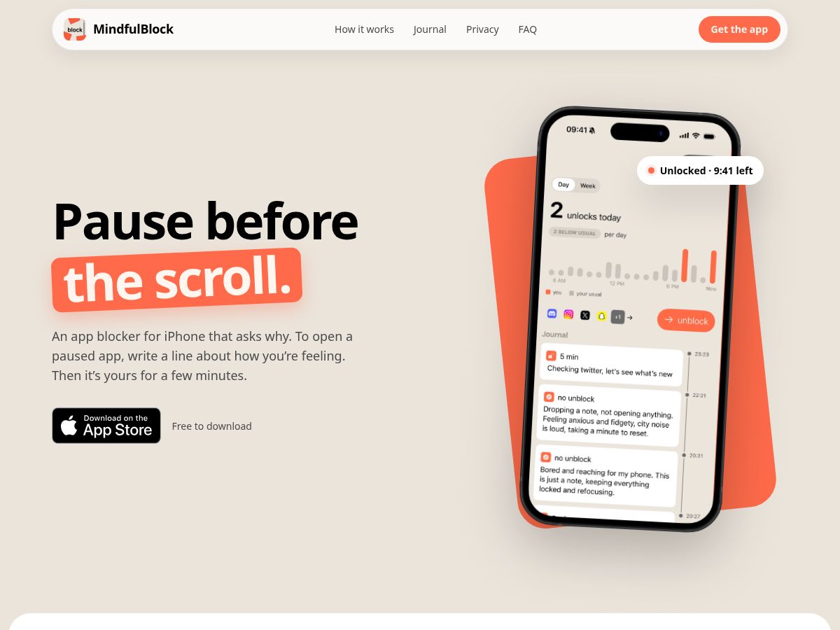 Landing-page snapshot of mindfulblock.app
