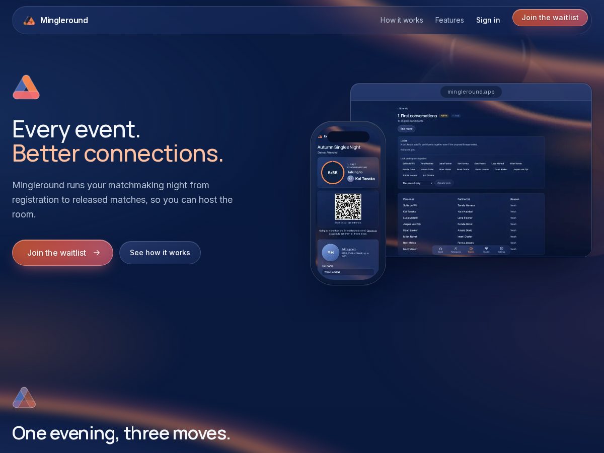 Landing-page snapshot of mingleround.app