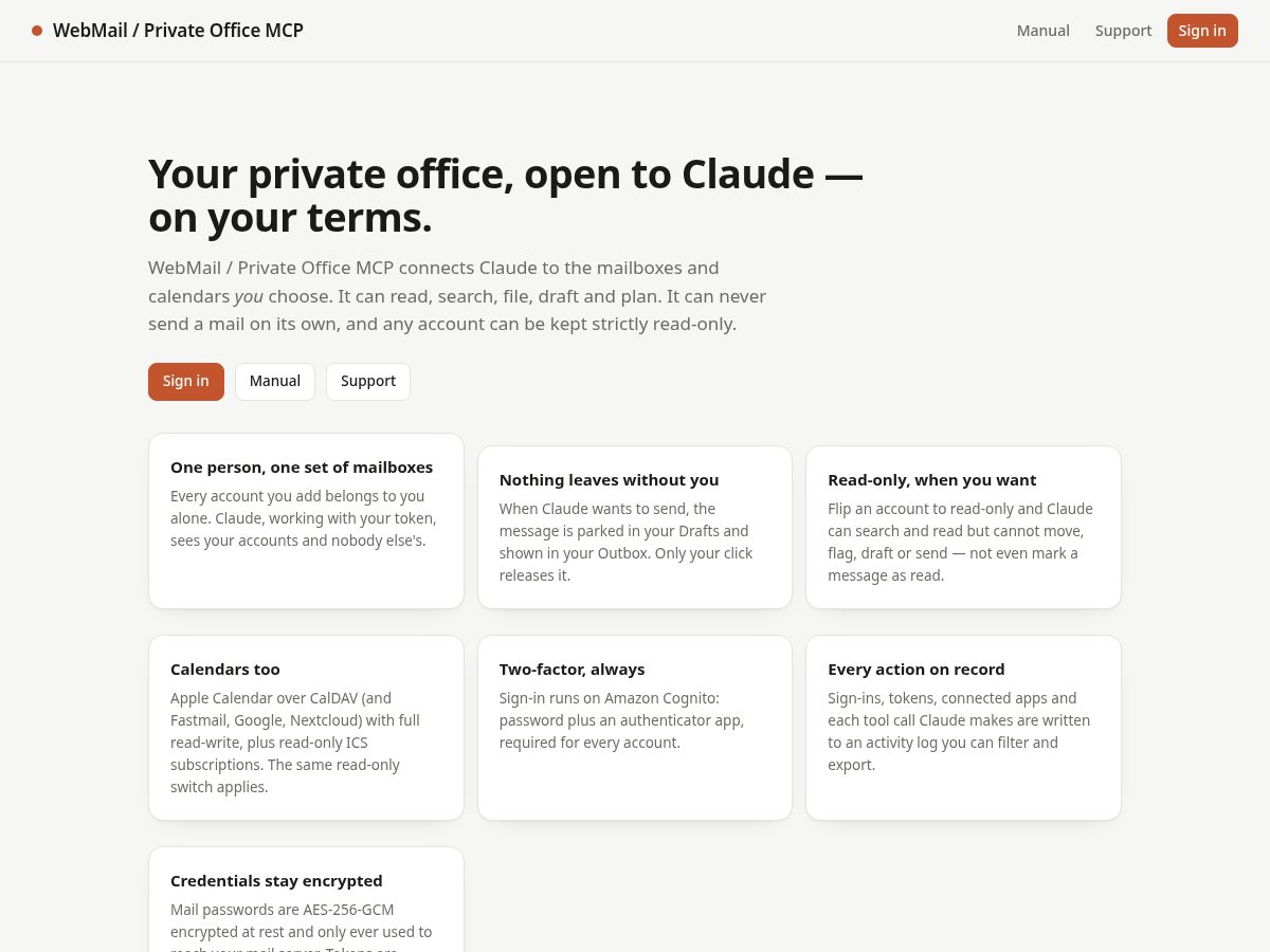 Landing-page snapshot of myofficemcp.app