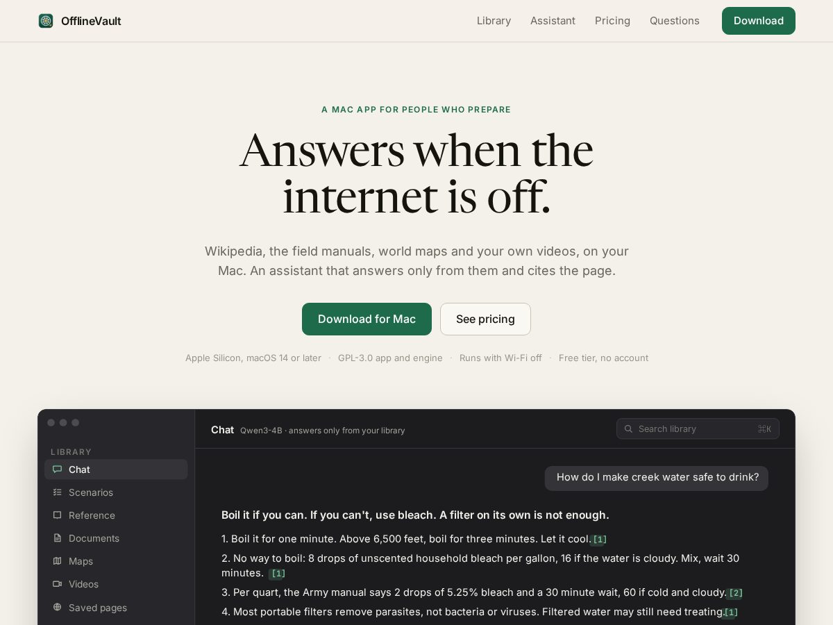 Landing-page snapshot of offlinevault.dev