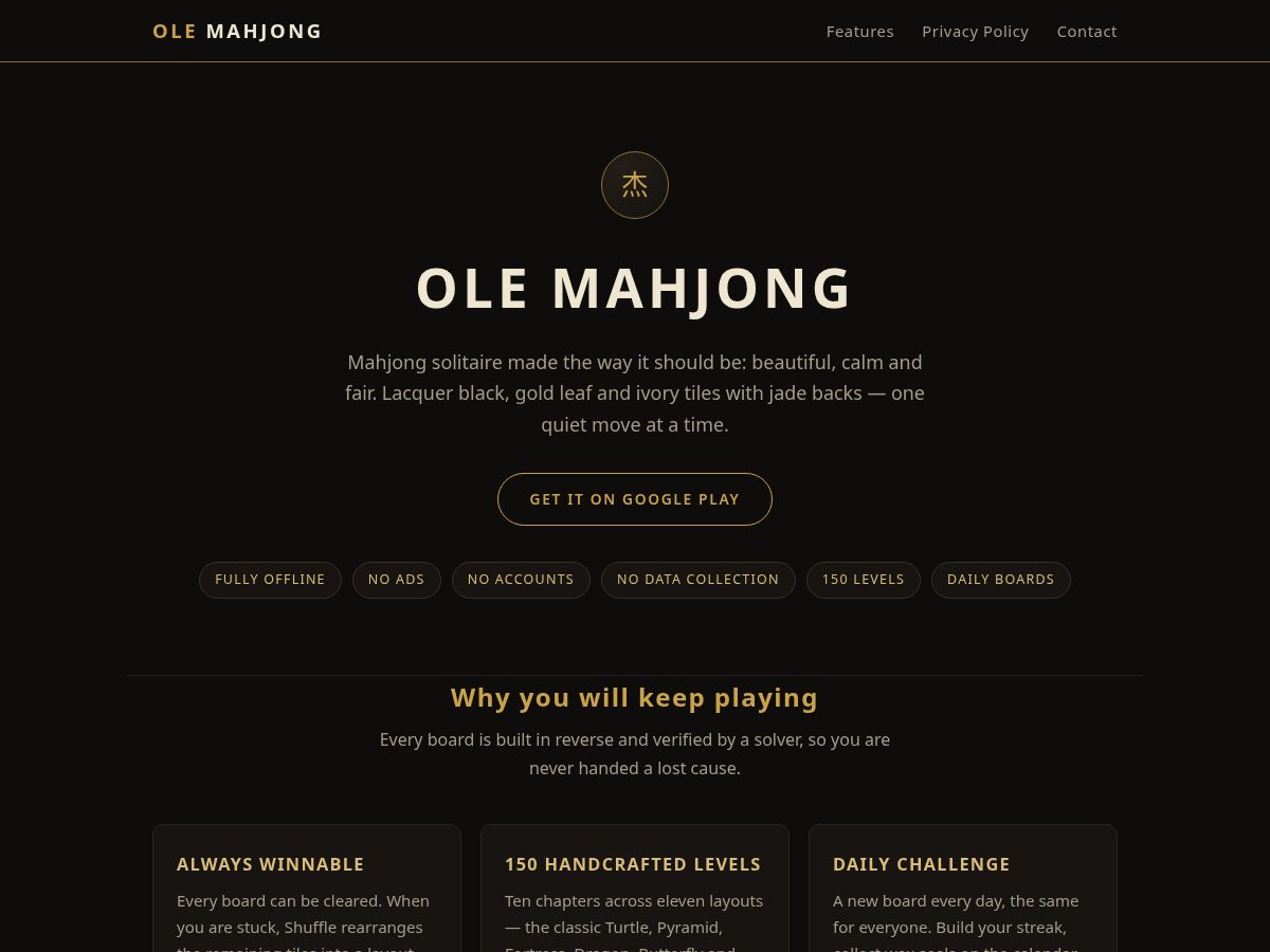 Landing-page snapshot of olemahjonggame.cfd