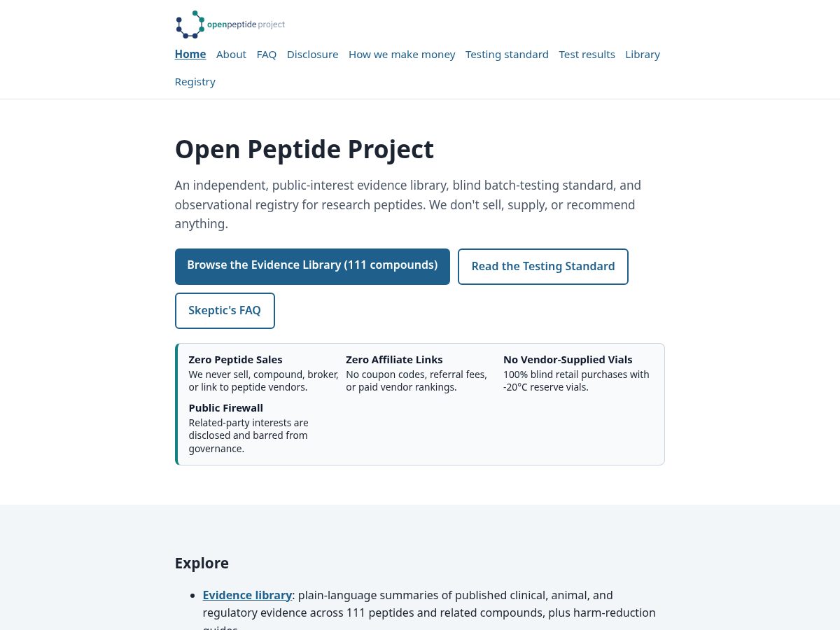 Landing-page snapshot of openpeptideproject.org