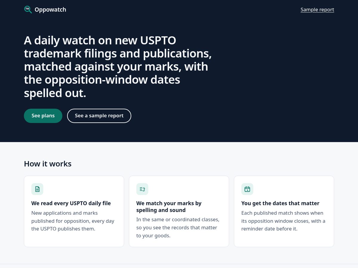 Landing-page snapshot of oppowatch.app