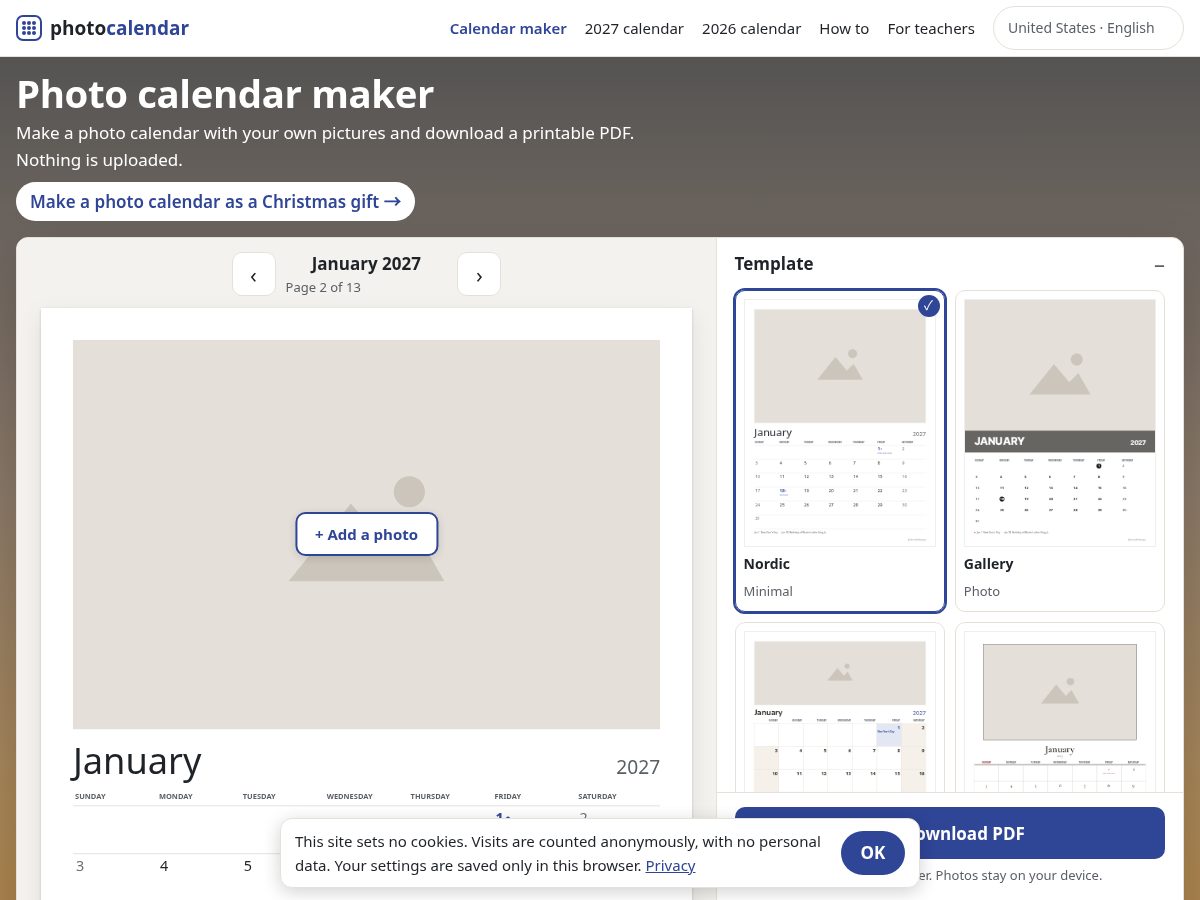 Landing-page snapshot of photocalendar.app