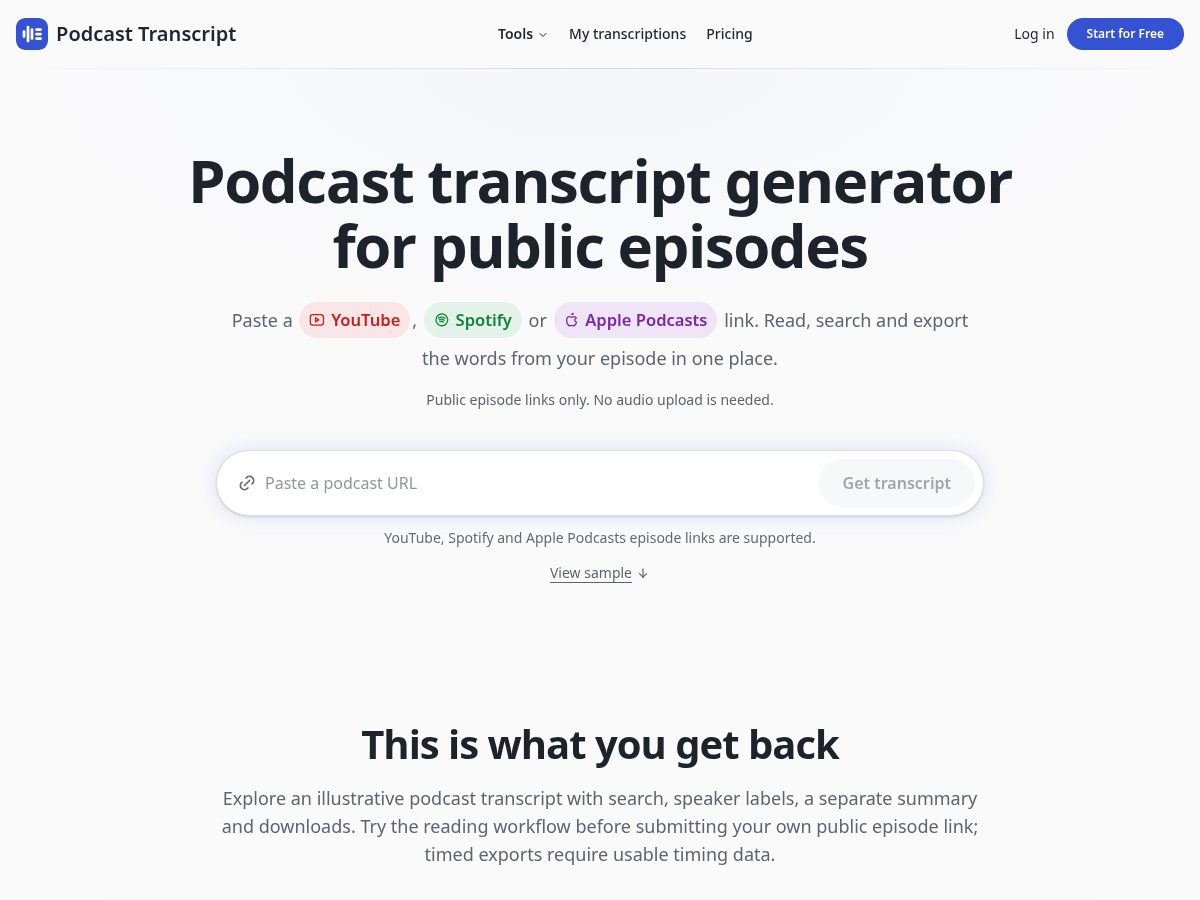 Landing-page snapshot of podcasttranscript.org