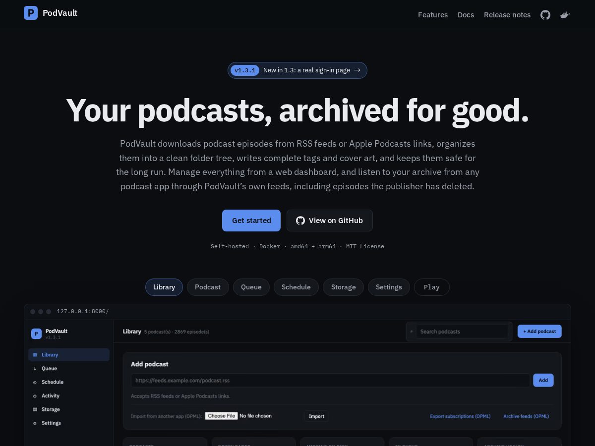 Landing-page snapshot of podvault.dev