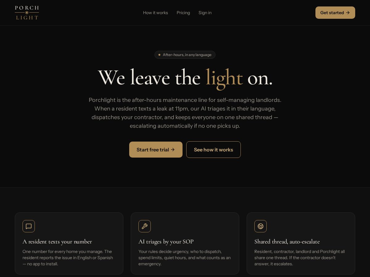 Landing-page snapshot of porchlightmanagement.app