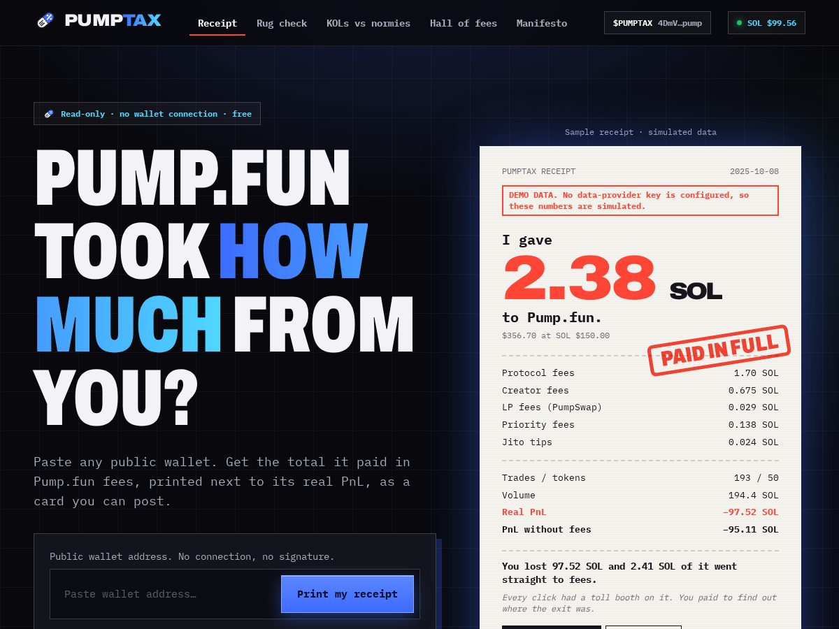 Landing-page snapshot of pumptax.fun