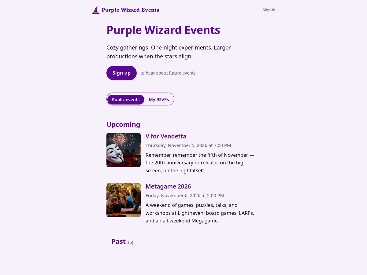 Landing-page snapshot of purplewizard.events