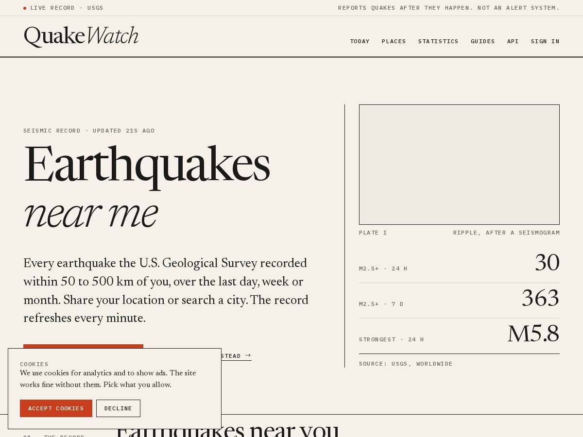 Landing-page snapshot of quakewatch.beer