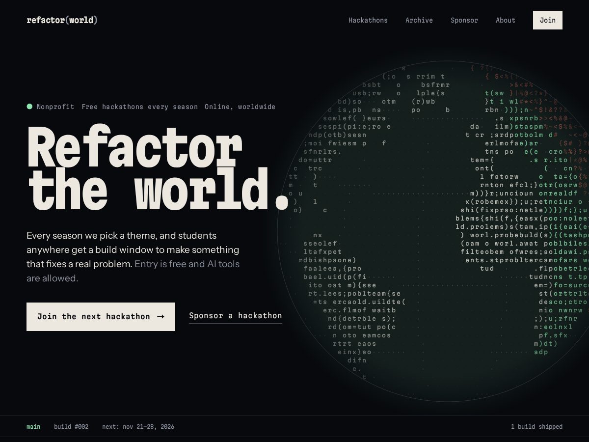Landing-page snapshot of refactortheworld.org