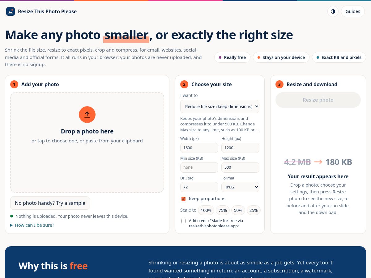 Landing-page snapshot of resizethisphotoplease.app