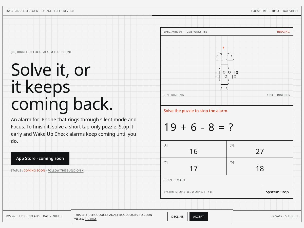 Landing-page snapshot of riddleoclock.app