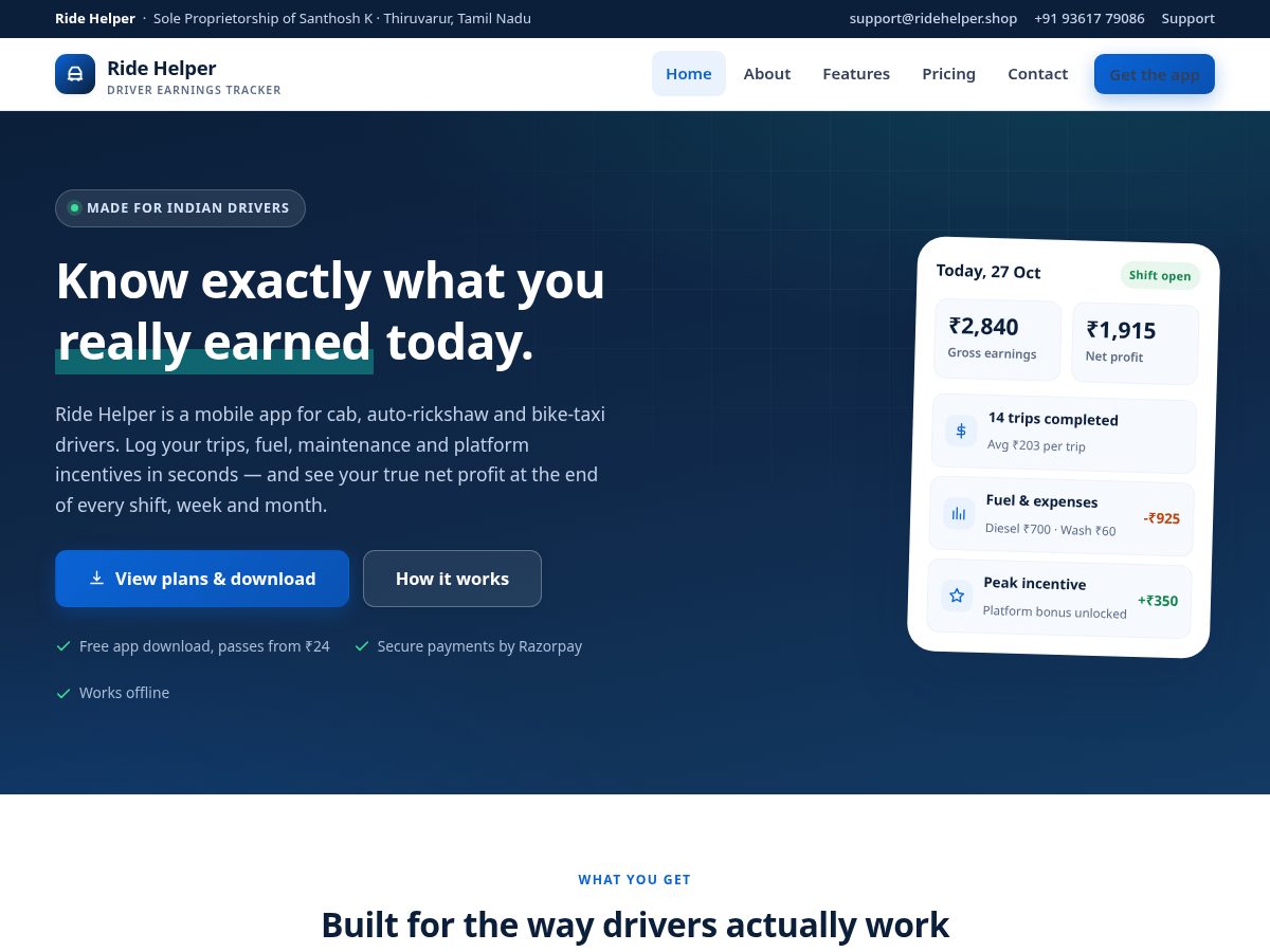 Landing-page snapshot of ridehelper.shop