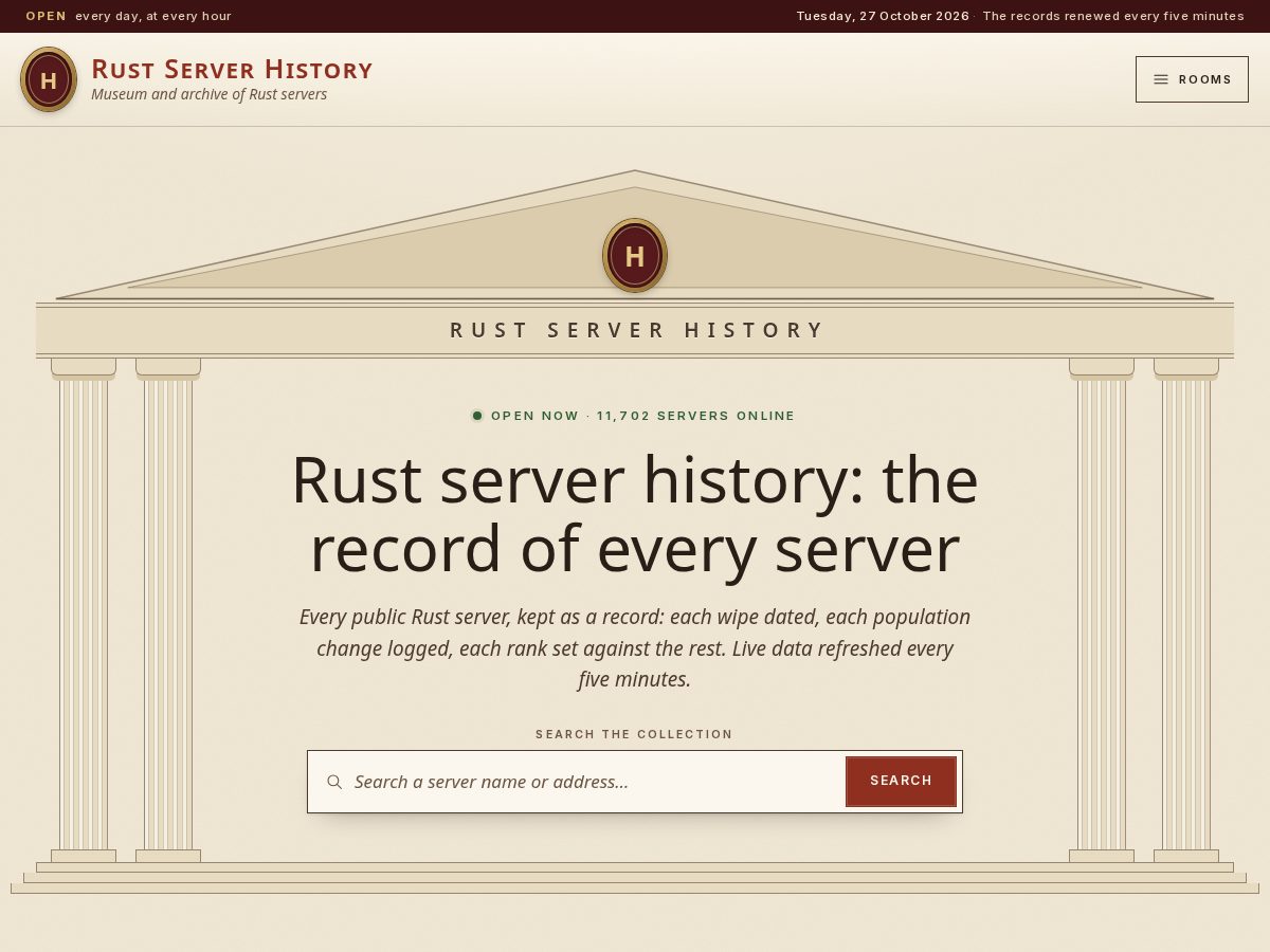 Landing-page snapshot of rustserverhistory.org